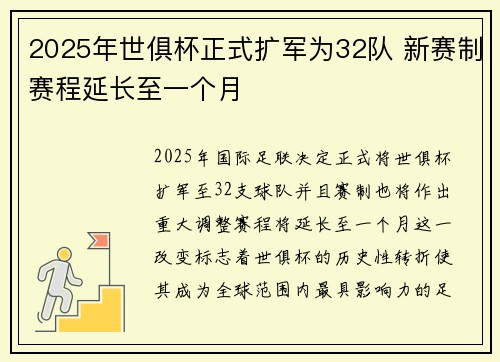 2025年世俱杯正式扩军为32队 新赛制赛程延长至一个月